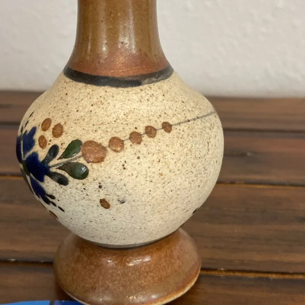 Vintage Mexican Art Pottery Stoneware Vase Hand Painted Signed Floral Small 5”